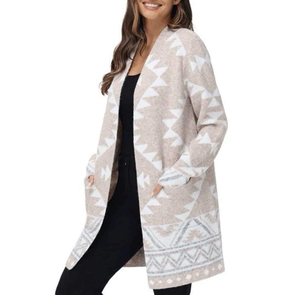 FRYE The Cozy Cardigan Sweater Beige White Patterned Small